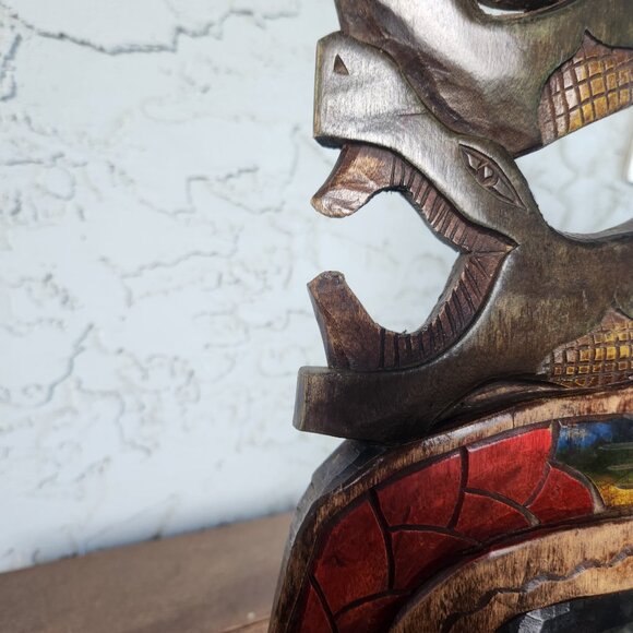 Hand-Carved Mayan Aztec Wooden Mask Tribal Wall Art with Snake, Jaguar & Warrior - Picture 14 of 16